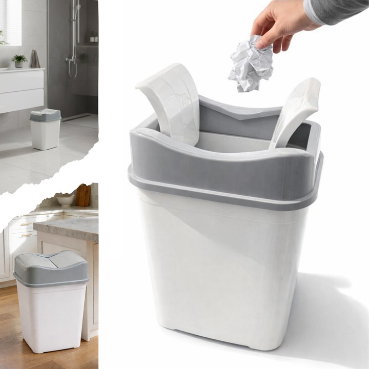 Cos de gunoi 22 L, cu capac rabatabil Salestore.ro®, Cos de gunoi bucatarie, baie, birou, terasa, Compact, 43.5x31.5x23cm, Plastic, Alb/Gri