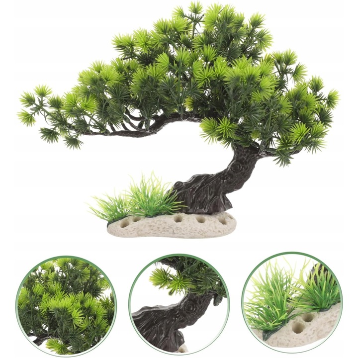 Decoratiune acvariu Bonsai artificial verde cu baza din rasina 30×20×12 cm