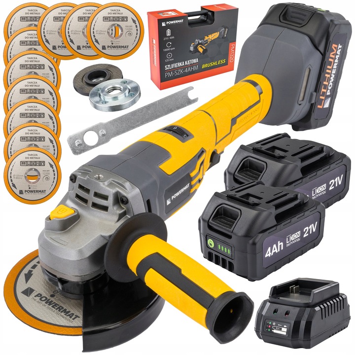 Polizor unghiular Powermat 2x acumulator 4000 mAh, 125 mm, 10000 RPM, set cu 10 discuri, valiza de transport