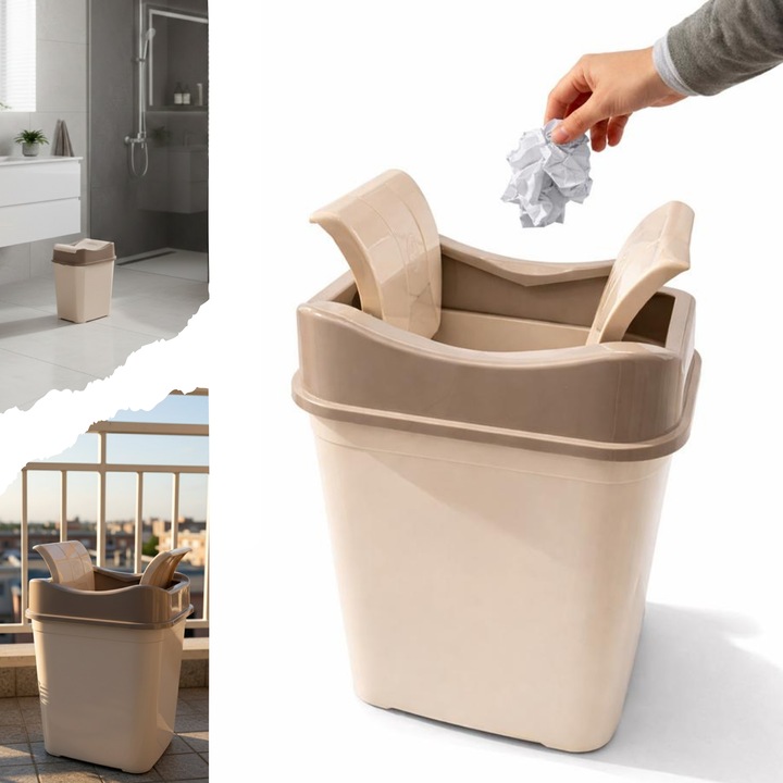 Cos de gunoi 22 L, cu capac rabatabil Salestore.ro®, Cos de gunoi bucatarie, baie, birou, Compact, 43.5x31.5x23cm, Plastic, Bej