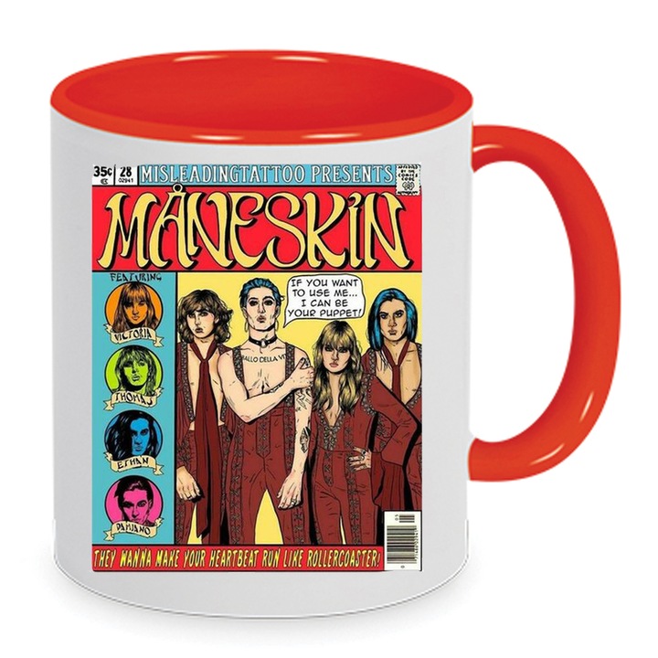 Cana Maneskin No9, ceramica premium, 330ml, alb cu interior rosu, design cu imprimeu de inalta rezolutie, lavabila la masina de spalat.