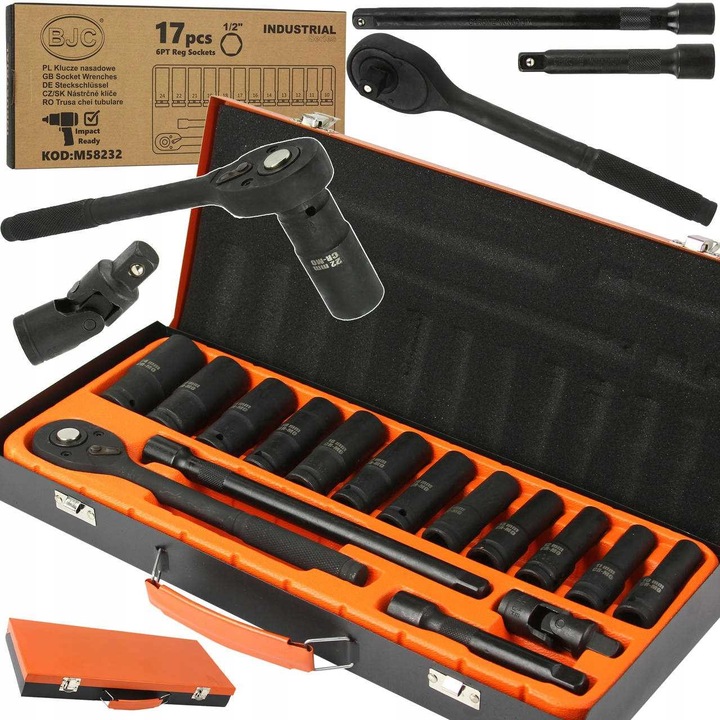 Set chei nasada 1/2" 17 piese BJC, 10-24mm, inclusiv gratar si prelungitoare, cutie de transport