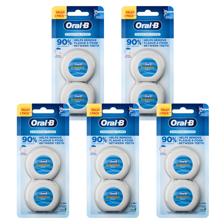 Set, Ata dentara Oral-B Essential Floss Mint Waxed Duo Pack, 5 pachete, 100 m, menta, cerata, curatare interdentara eficienta