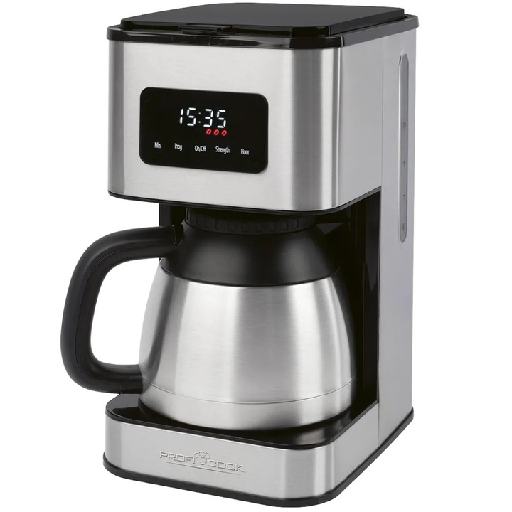 Cafetiera ProfiCook, capacitate 1.2 litri - 8 - 10 cesti, ideal pentru utilizare zilnica acasa/birou, recipient termo otel inoxidabil pereti dubli, mentine temperatura/aroma, selectare intensitate cafea, timer digital, functie drip-stop, inox