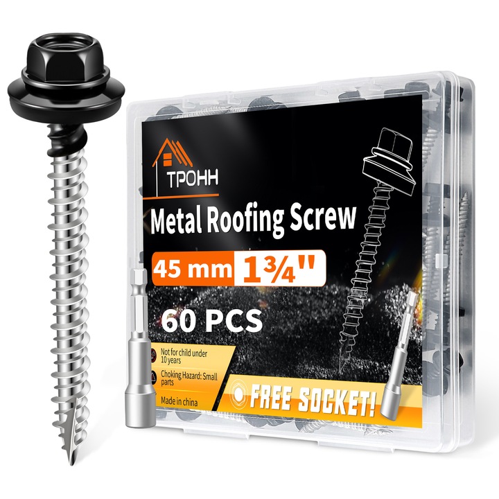 Set 60 Suruburi pentru Tabla M4.8 x 45 mm, Cap Hexagonal cu EPDM, Autofiletante Metal-Lemn, Cap Negru, cu Bit Inclus – TPOHH