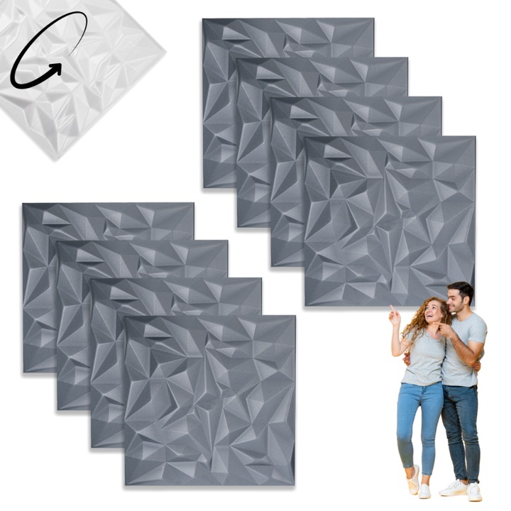 Dekorwall Ametyst 3D dekoratív kazetta 50x50 cm, 8 darabos készlet, grafit szürke, geometrikus design