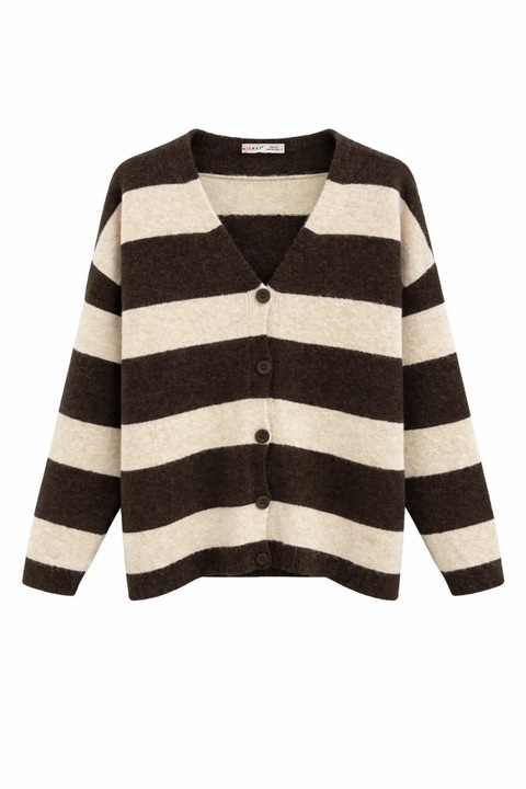 Cardigan tricotat, Mixray, cu dungi, maro, poliester, One Size INTL