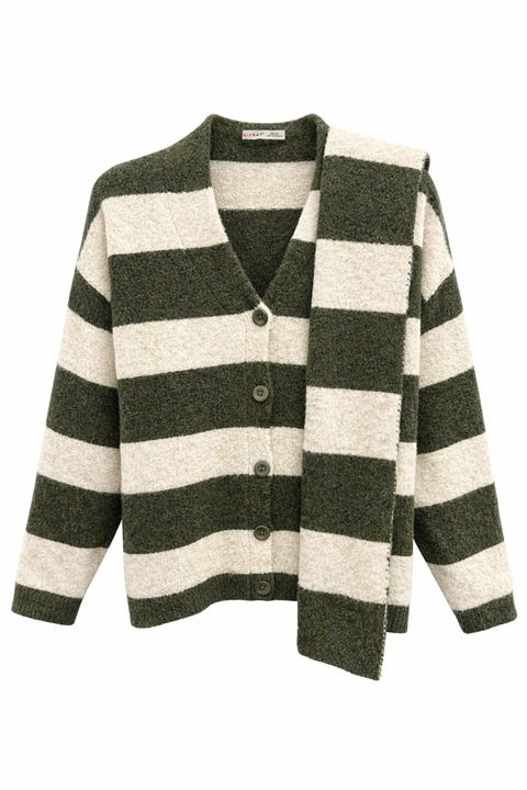 Set cardigan si fularTricotat, Mixray, Dungi, Verde Kaki, 100% poliester, One Size INTL