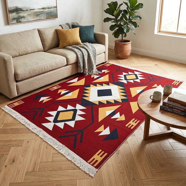 Covor Tesut Traditional, 2 fete, Model Etnic Tribal Rosu, 60x120 cm