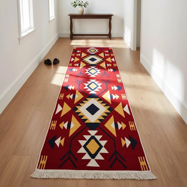 Traversa hol tesuta traditional, 80x300 cm, 2 fete, Model Etnic Tribal Rosu