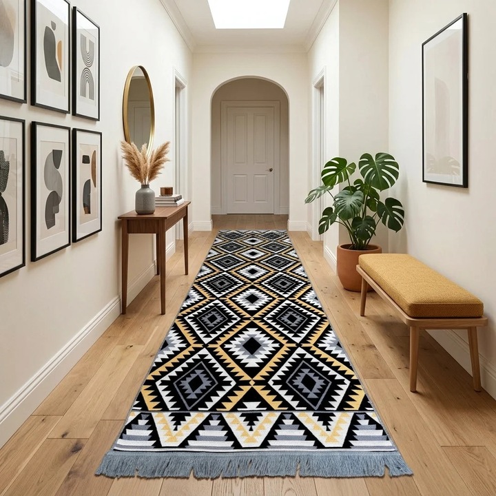 Traversa hol tesuta traditional, 80x300 cm, 2 fete, Model Boho Etnic Ocru