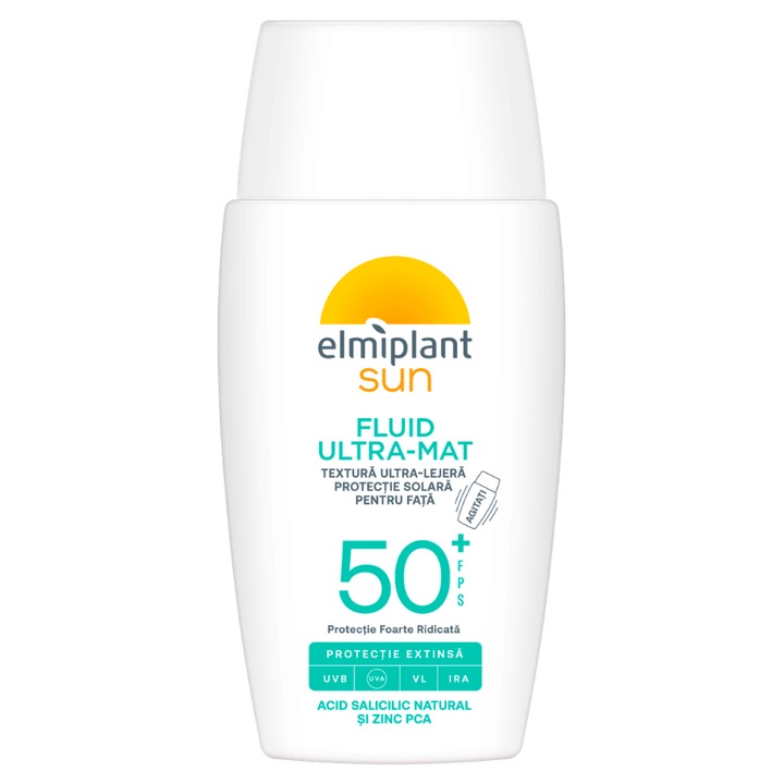 Fluid UV ultra-mat de protectie solara pentru fata, Elmiplant SUN SPF 50+, 40ml