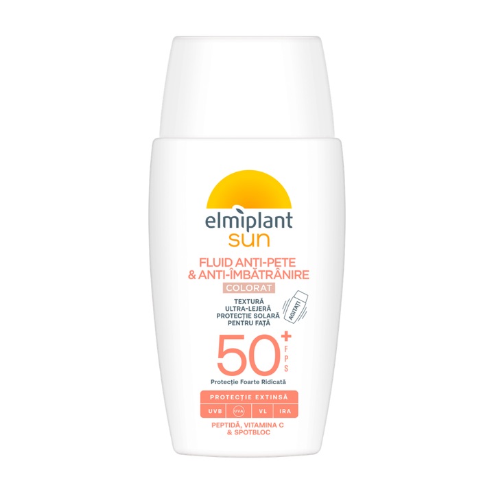 Fluid UV anti-pete & anti-imbatranire, colorat, de protectie solara pentru fata, Elmiplant SUN SPF 50+, 40ml