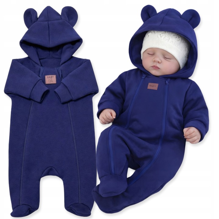 Salopeta bebelusi Dartomik, 100% bumbac, doua fermoare, gluga cu urechi, bleumarin, pentru prematuri, 50 CM