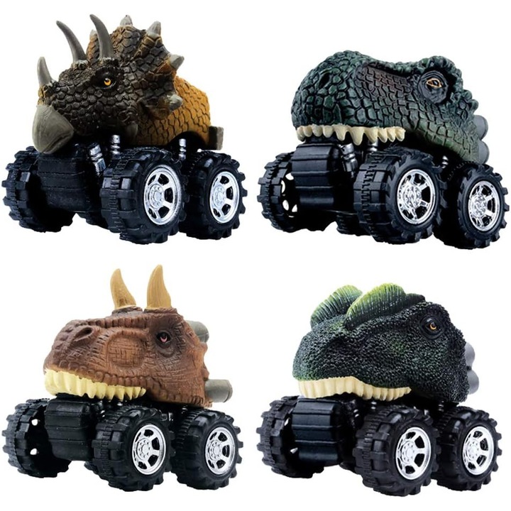 Set 4 Masinute Dinozaur Monster Truck cu Mecanism Pull-Back, Roti Mari, T-Rex, Triceratops, 7cm