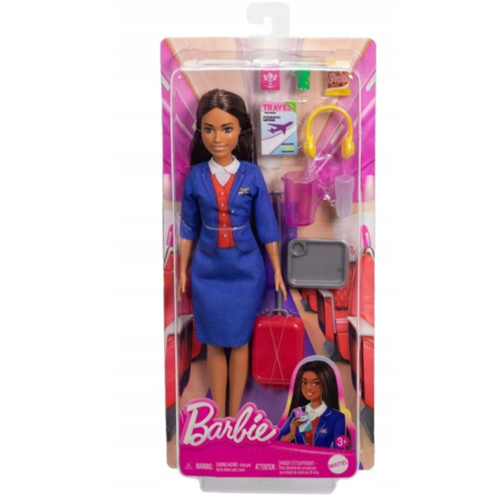 Papusa Barbie, set stewardesa, costum albastru, accesorii calatorie, 29cm