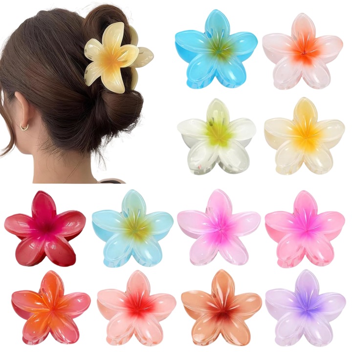 Set 12 Klamre pentru Par, Flori Hawaina, 8,5 cm, Multicolor