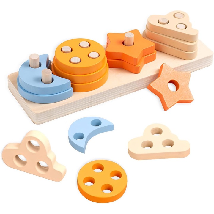 Montessori fa válogató, 17 darabos, 16 színes geometriai blokk, méretek 3-5 cm