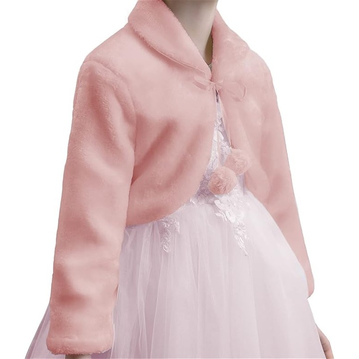 Bolero copii, jacheta din blana artificiala, roz, pentru fete 9-12 ani, eleganta, calduroasa, 152 CM