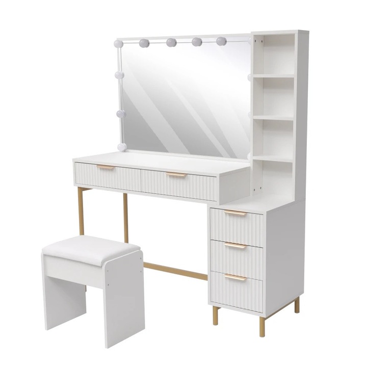 Masa Toaleta MOBATELIER® ANDIA, 120x40x140 Cm, Masa Toaleta Oglinda Iluminata Becurilor LED, Masa Machiaj 5 Sertare Rafturi Depozitare Cosmetice, Masa Toaleta Cadru Metalic Auriu, Taburet Inclus, Masa Machiaj Cu Design Elegant Pentru Dormitor, Alb