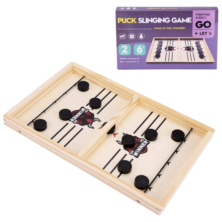 Настолна игра Sling Puck, за 2 играчи, дървена, 35x22x2.5см, комплект с 10 диска