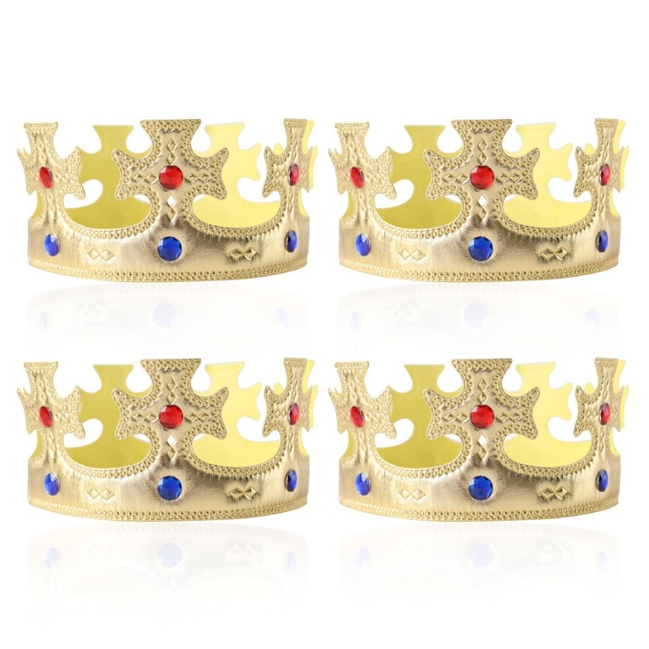 Комплект от 4 златни кралски корони с цветни камъни, 57 см