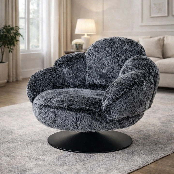 Fotoliu Relaxare Rotativ 360°, TOPSCAUNE®, Fotoliu Lounge cu Tapiterie Mink Cashmere Moale, Design Ergonomic cu Spatar Curbat si Brate Late, Baza Metalica Stabila Ø60 cm Vopsita Negru, Ideal pentru Living, Dormitor sau Lounge, 96x93x78 cm, Gri