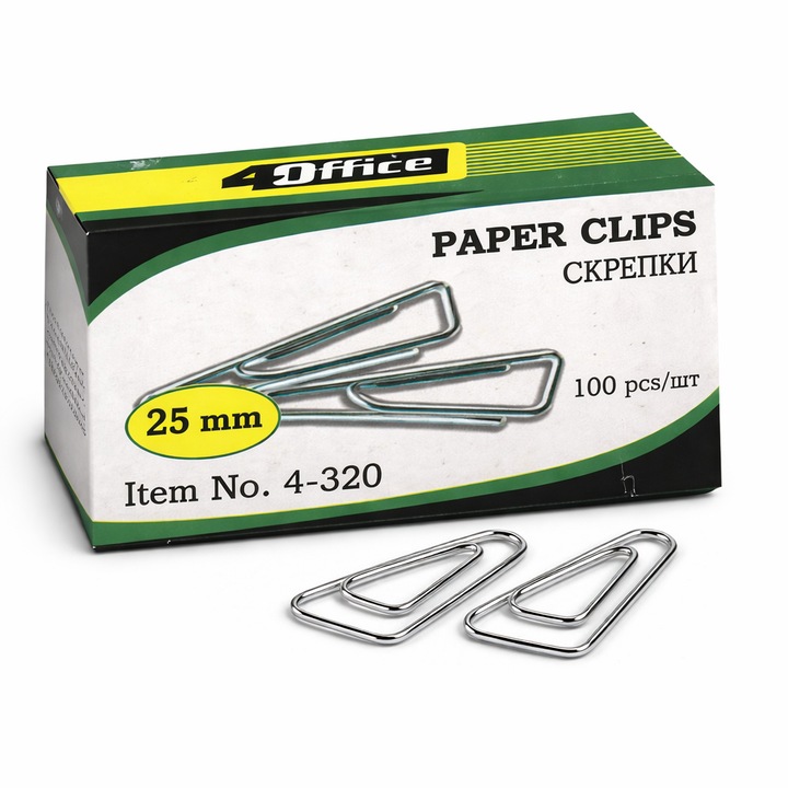 Комплект от 5 кутии триъгълни кламери 25 мм 4OFFICE, метални кламери за документи и хартия, триъгълни кламери за организиране на документи, 100 бр./кутия