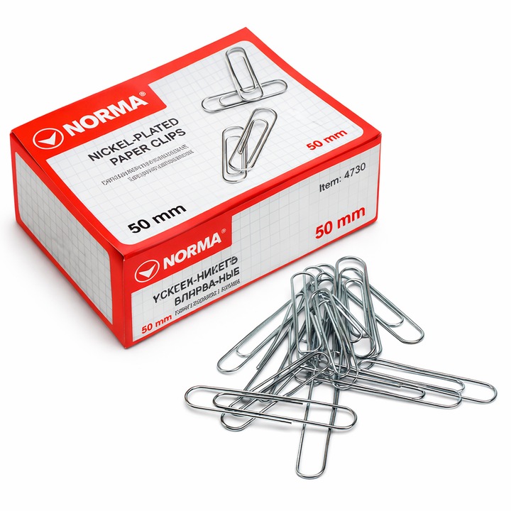Метални кламери 50 мм Norma, кламери за хартия и документи, метални кламери за организиране на документи и архивиране, 100 бр./кутия