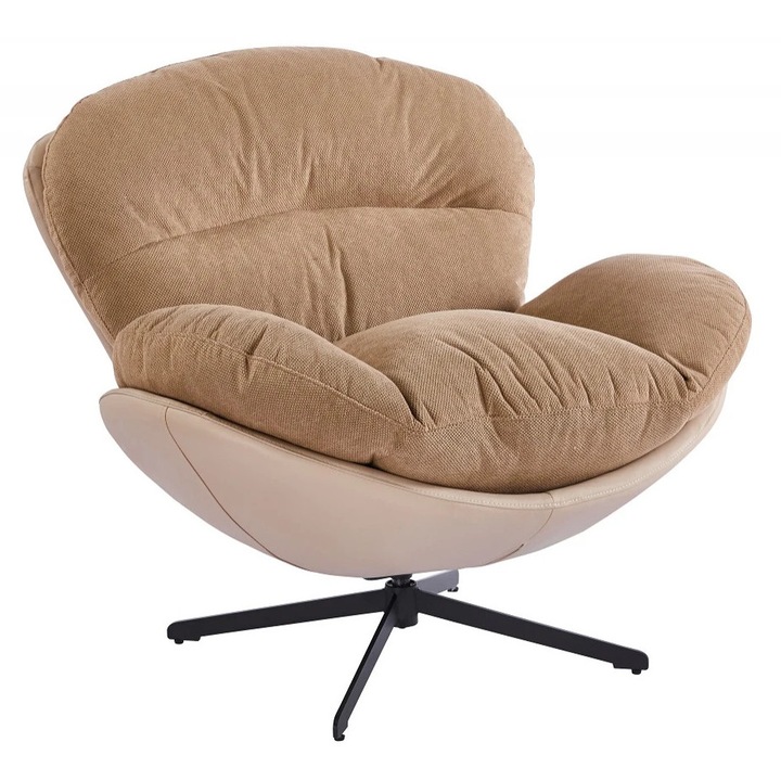 Fotoliu Lounge Rotativ 360°, TOPSCAUNE®, Scaun Relaxare cu Perna Extra Confort, Tapiterie Linen + PU Premium, Design Ergonomic cu Spatar Curbat si Brate Late, Baza Metalica Neagra Ø77 cm, Ideal pentru Living, Dormitor sau Lounge, 98x95x84 cm, Maro