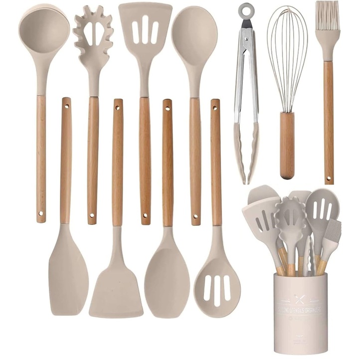 Set de ustensile de bucatarie din silicon cu manere din lemn - GRI - 12 buc