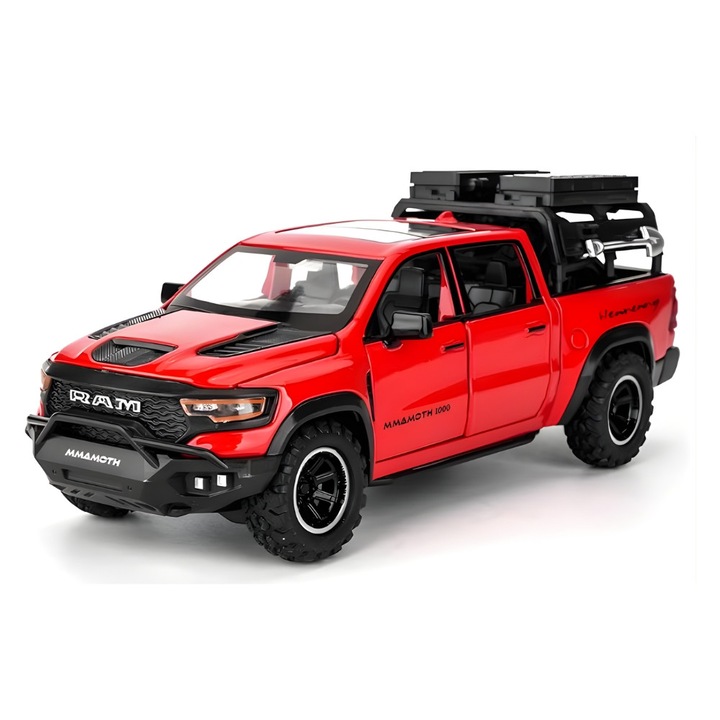 Fém kisautó, Dodge RAM TRX Mammoth 1000 1:32, Nyitható ajtók, Hátrahúzható, Off-Road modell, Fekete/Piros