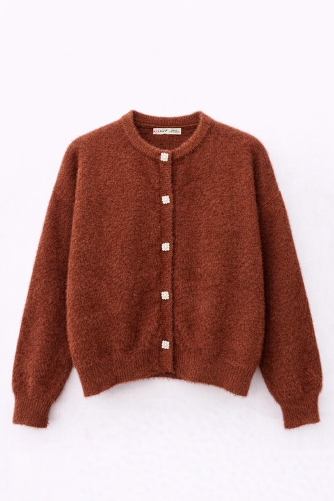 Cardigan dama, Mixray, supradimensionat, cu nasturi, maro, poliester, One Size INTL