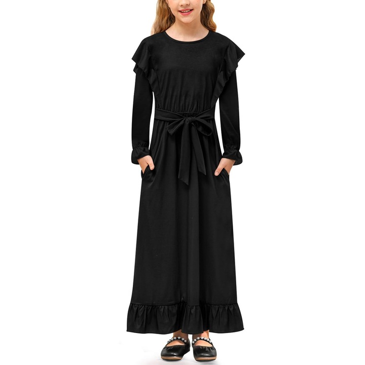 Maxi ruha, hosszú ujjú, fodros, fekete, 158 CM