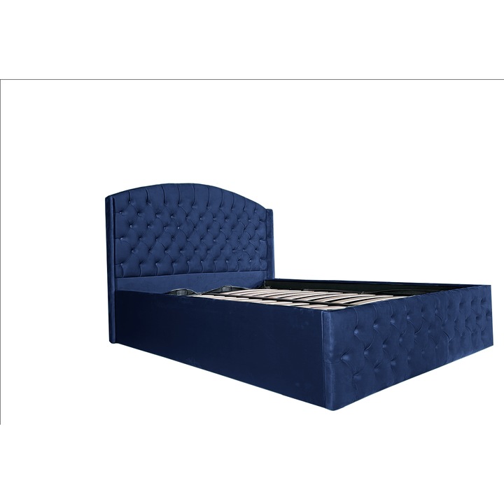 Pat tapitat 160x200 Matteo cu somiera rabatabila si loc de depozitare albastru