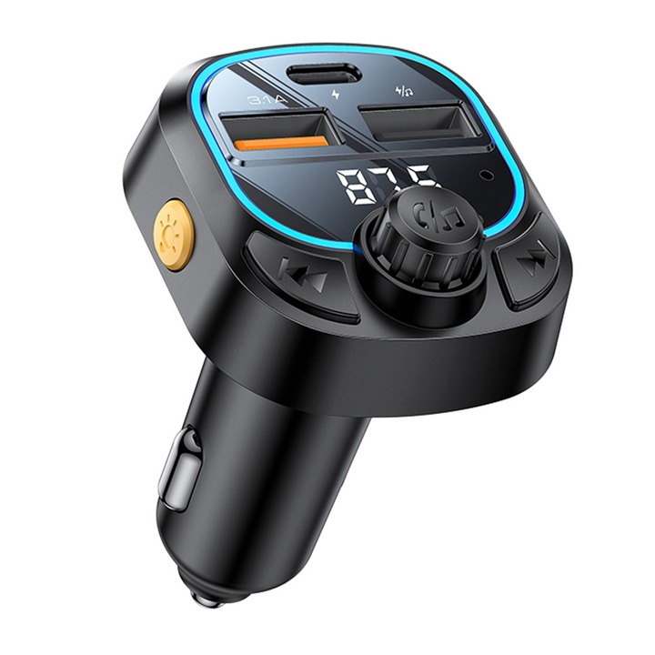 Modulator auto FM cu incarcare Yesido Y70, Bluetooth 5.3, Handsfree, USB, Type-C, Redare prin USB/Bluetooth, Incarcare rapida, 15W, Negru