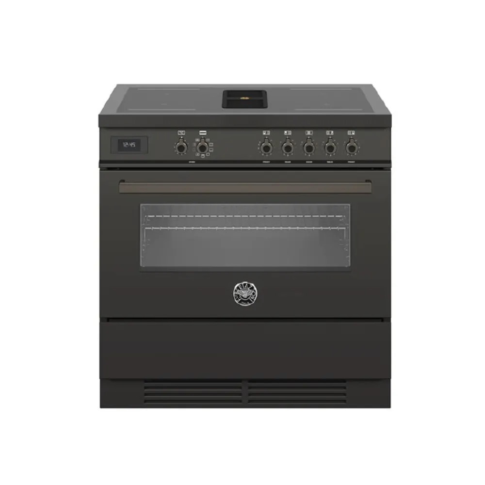 Aragaz electric cu plita pe inductie si hota integrata clasa A Bertazzoni, colectie Professional, Air-Tec, 90 cm, 10 programe cuptor, 4 zone gatire plita, temperatura reglabila, iluminare interioara duala, 2 zone Bridge, 9 trepte viteza hota, antracit
