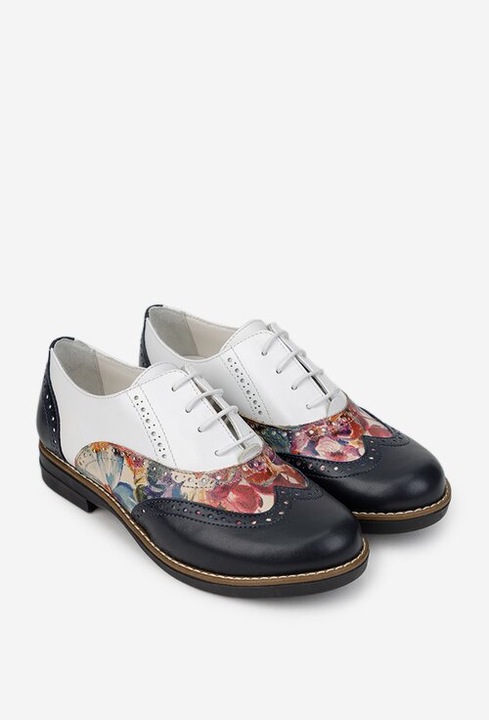 Pantofi dama albi cu bleumarin din piele cu detalii florale