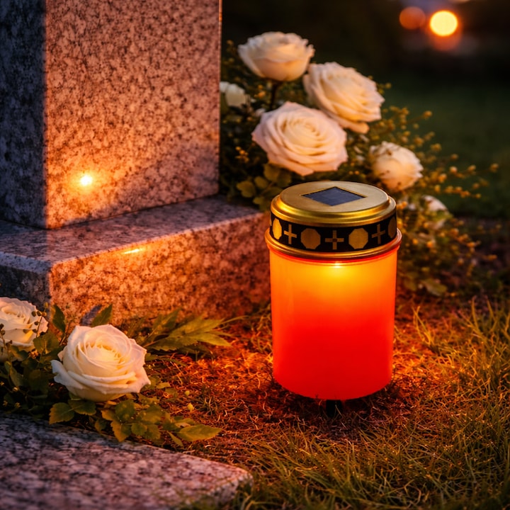 Candela Solara LED tip Lumanare pentru Exterior, Efect Flacara Palpaire, Lumina Alba Calda, Tija Infigere in Sol, 20.5 cm, Rosu