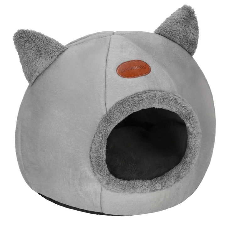 Patut pisici si caini, moale si pufos, antiderapant, perna detasabila, 37x31x36 cm, gri