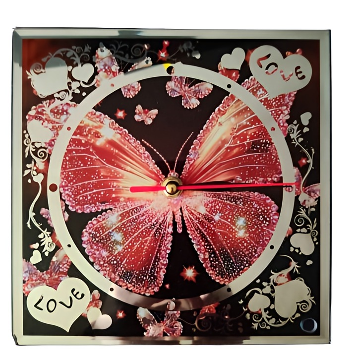 Dekoratív asztali óra, Love Butterflies mintával, kézzel készített, ajándék szeretteinek, üveg, AA elem mellékelve, 20 cm
