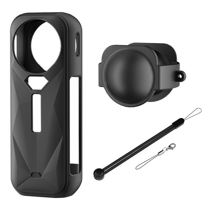 Husa de Protectie din silicon pentru camera video sport Insta 360 One X5, impreuna cu capac de protectie Lentila si Snur, Negru