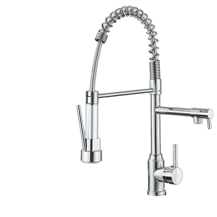 Csaptelep, kihúzható kifolyócső, 360 fokos forgatás, szálcsiszolt nikkel, munkalapra szerelhető