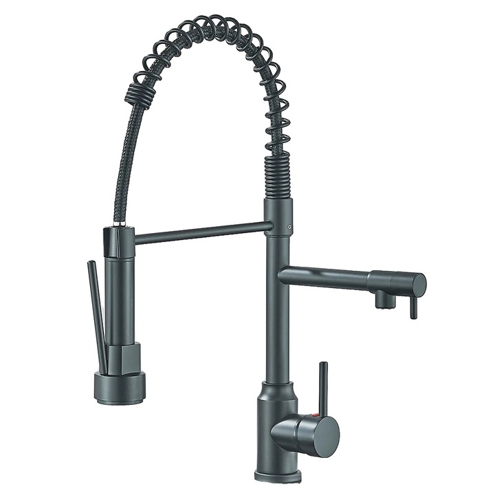 Baterie sanitara de bucatarie, 360° rotativa, design cu doua duze, negru mat, montare pe blatul de lucru