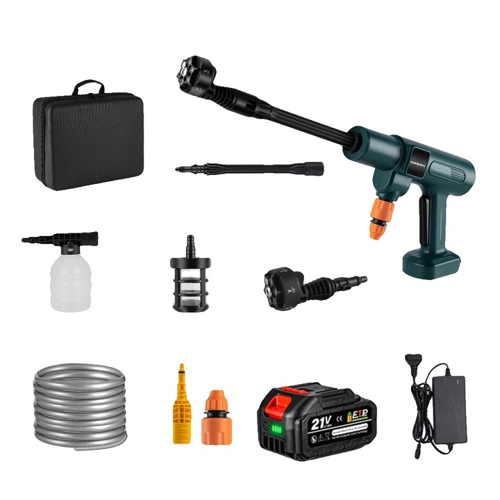 Aparat de spalat cu presiune, 200 BAR, motor fara perii, 1 baterie, 5m furtun apa, 10m raza efectiva