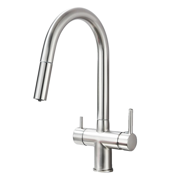 Csaptelep, kétkaros, kihúzható kifolyócsővel, szálcsiszolt nikkel, mosogatópultra szerelhető