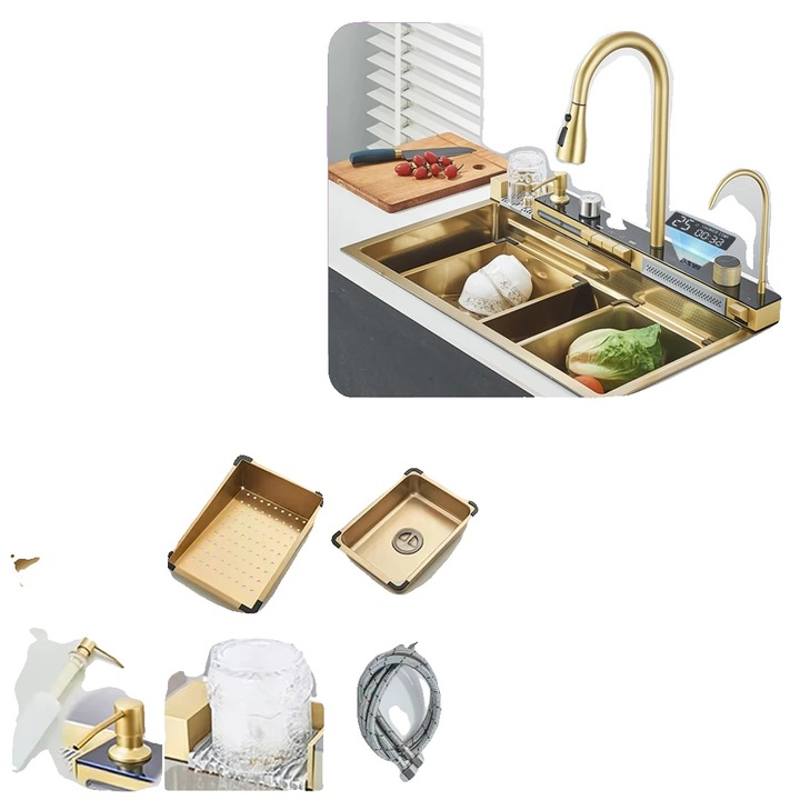 Chiuveta bucatarie, robinet integrat, duza retractabila, finisaj auriu periat, 75x45cm