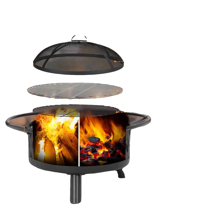 Vas de foc, 76cm, fier, protectie impotriva scanteilor, capacitate pentru 5-6 persoane, 81x81x56cm