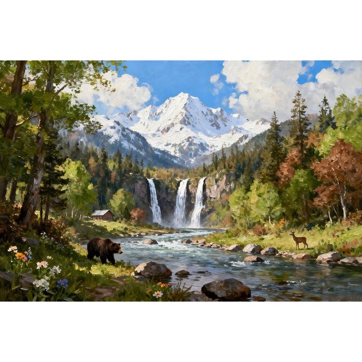 Tablou Canvas Cabana ideala 53, 90 x 60 cm, natura, peisaj, stil pictura, sasiu de lemn, panza de bumbac 90%, agatatoare invizibila