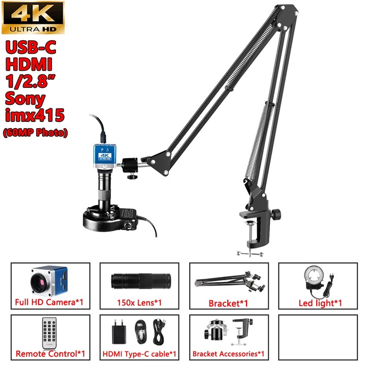 Digitális mikroszkóp, 4K, 48MP, 150X, fém, USB-C és HDMI